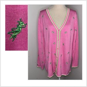The Quacker Factory vintage pink sweater embroidered green grasshoppers size 1X
